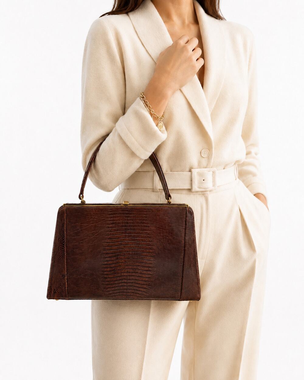 Vintage Escort Brown Lizard Skin Handbag 50s 60s Large Frame Bag